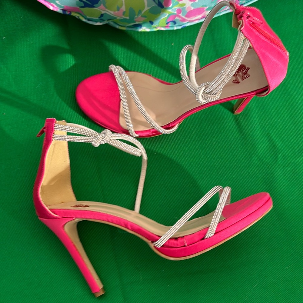 NEW! Hot pink satin heels with fancy rhinestone straps & easy on back zip